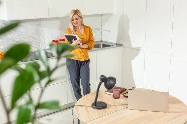 Uzaktan kumanda evden çalışıyor. Laptop kullanan genç bir kadın. Mutfak ofisinde serbest çalışan bir işyeri. Tecrit edilmiş telgraf, kadın işi, internetten alışveriş. Uzaktan öğrenme öğrencisi. Yaşam tarzı anı.