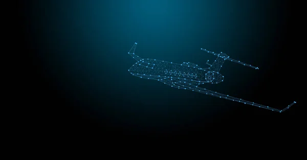 商务航班的乘客文摘:飞机鲨鱼形成直线和三角形,点对点在黑色背景上连接网络.3d渲染 — 图库照片