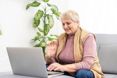 Ciddi, olgun yetişkin bir kadın laptopta antrenman videosu izliyor. Evden ya da ofisten çalışıyor. 60 'ların orta yaşlı iş kadını bilgisayar teknolojisi kullanırken not alıyor