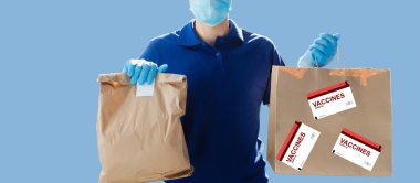 Adam aşıyı teslim ediyor. Karton kutuya VACCINE etiketi yerleştiriliyor