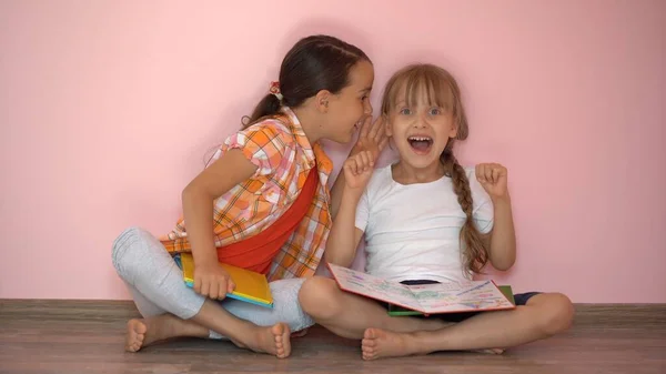 Retrato de dos chicas preadolescentes simpáticas simpáticas, simpáticas, simpáticas y simpáticas aisladas sobre un fondo rosado pastel — Foto de Stock