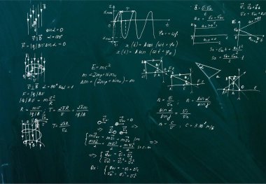 Yeşil bir karatahtaya elle yazılmış denklemler