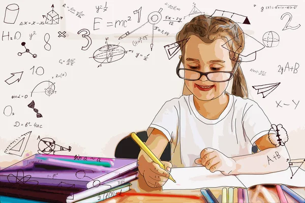 Bella carina bambina genio con libri e formule matematiche, problemi intorno a lei — Foto Stock