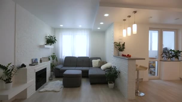 Home interior do apartamento moderno, sala de estar, sala de animação — Vídeo de Stock