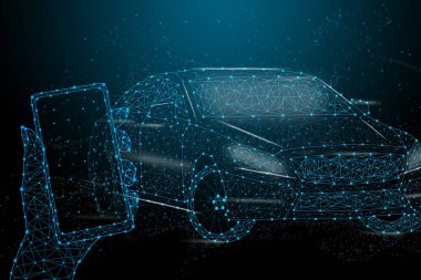 Akıllı telefondan ayrılan çokgen 3D araba. GPS navigasyon, konum uygulaması veya seyahat konsepti. Araba, telefon ve seyir pimi koyu mavi arka planda. Akıllı teknoloji dijital illüstrasyon