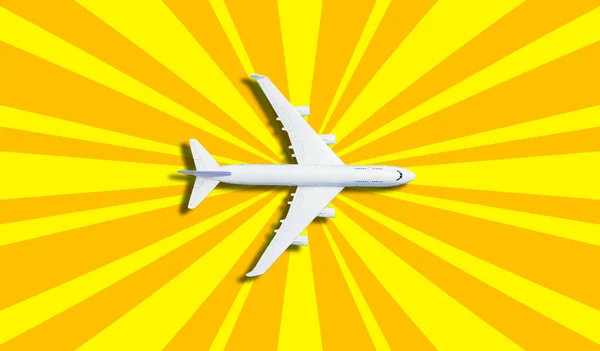 Flat lay design of travel conception with plane on blue and yellow background with copy space — 스톡 사진