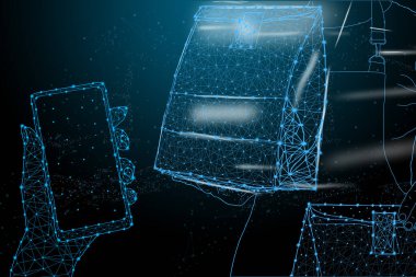 Teslimat paketi ve koyu mavi arka planda akıllı telefon ekranı. Ekspres teslimat, online alışveriş, sipariş takibi veya teslimat uygulaması konsepti. 3d çokgen dijital illüstrasyon.