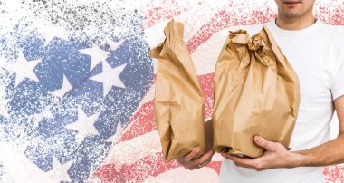 Amerikan bayrağıyla birlikte kahverengi kutu teslimatı, illüstrasyon.