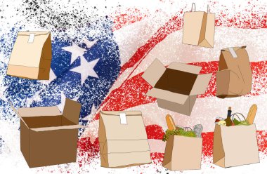 Amerikan bayrağıyla birlikte kahverengi kutu teslimatı, illüstrasyon.
