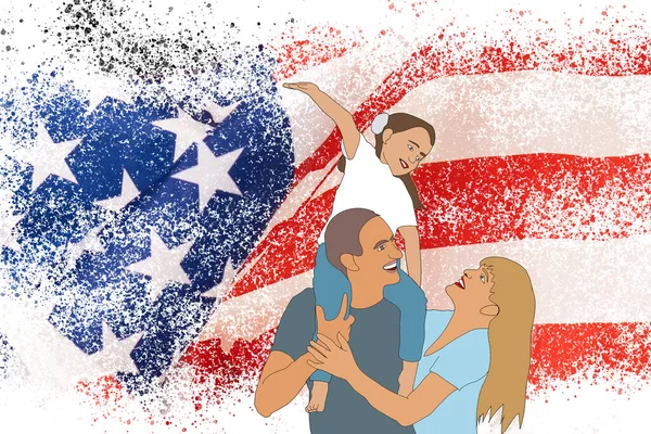 Hombre, mujer y niño en el contexto de la bandera estadounidense en forma de mapa de los Estados Unidos de América — Foto de Stock