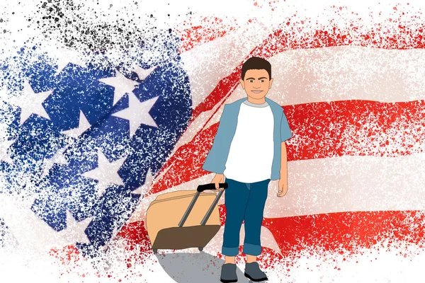 미국 국기 배경에 있는 아이의 그림 — 스톡 사진