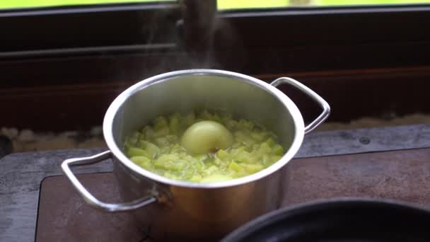 Картофельный суп готовится в кастрюле — стоковое видео