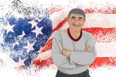 Amerika bayrağının arka planındaki adam. Amerika Birleşik Devletleri bayrağı taşıyan adam. Amerikan vatansever eylemciler
