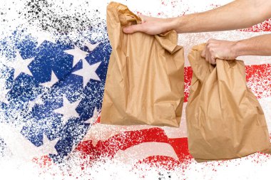 Amerikan bayrağıyla birlikte kahverengi kutu teslimatı, illüstrasyon.