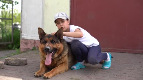 Küçük kız ve çoban köpeği avluda — Stok video