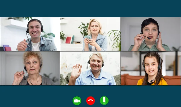 Familjen chattar på distans med hjälp av videokonferenstjänsten. online virtuell chatt, släktingar glad att se bedårande barn, njuter av gruppsamtal — Stockfoto