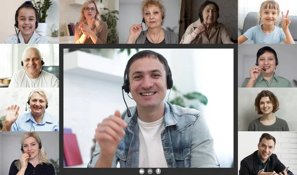 Familia charlando a distancia utilizando el servicio de videoconferencia. chat virtual en línea, familiares contentos de ver a un niño adorable, disfrutando de la llamada en grupo —  Fotos de Stock