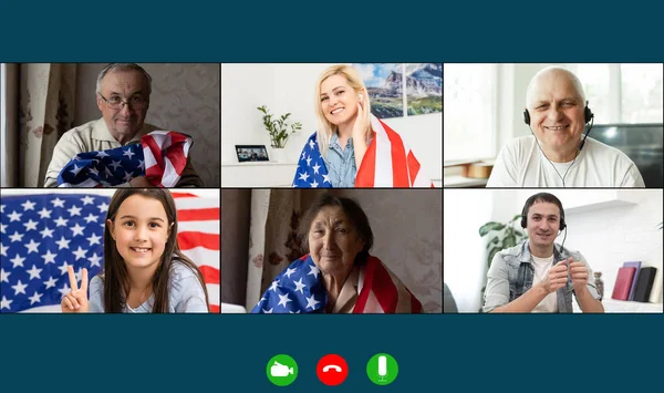 Moniteur d'ordinateur portable avec vidéoconférence des personnes avec nous drapeau — Photo