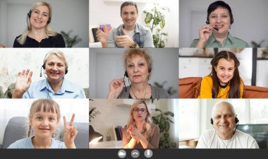 Video konferans hizmeti kullanarak uzaktan aile sohbeti. Çevrimiçi sanal sohbet, akrabalar sevimli çocuğu görmekten memnun, grup aramasından keyif alıyorlar.