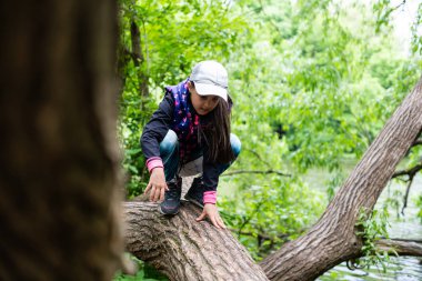 Örgü ören küçük kız ağaca tırmanıyor.