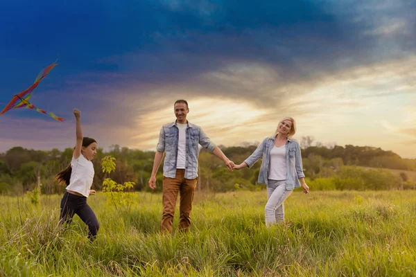 Fiatal boldog család a mezőn — Stock Fotó
