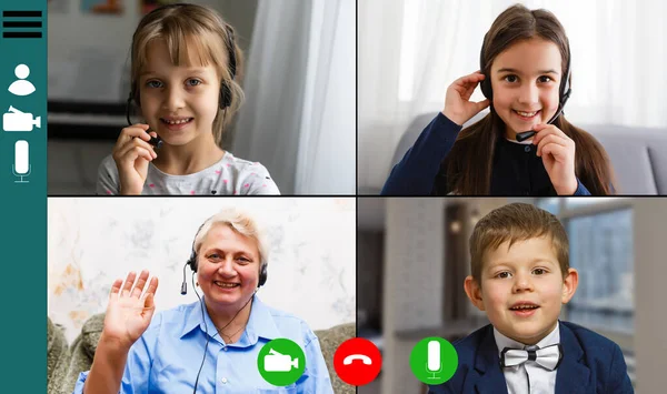 Niños videoconferencia con tutor en el ordenador portátil en casa. Concepto de educación a distancia. —  Fotos de Stock