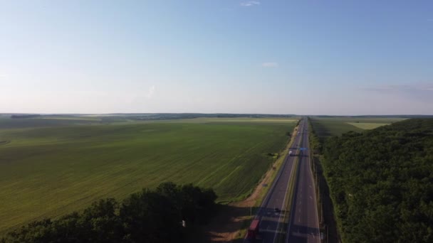 Αεροφωτογραφία στην εθνική οδό μέσα από πράσινα λιβάδια σε μια ηλιόλουστη καλοκαιρινή μέρα. 4k πλάνα του τοπίου με άσφαλτο αυτοκινητόδρομο μεταξύ λιβάδι και αγροτικό πεδίο. Drone τραβά βίντεο από την ύπαιθρο. — Αρχείο Βίντεο