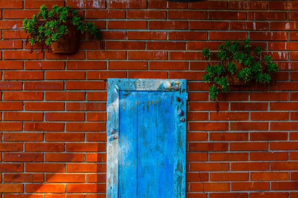 Vecchia porta blu con lumache e muro di mattoni — Foto Stock
