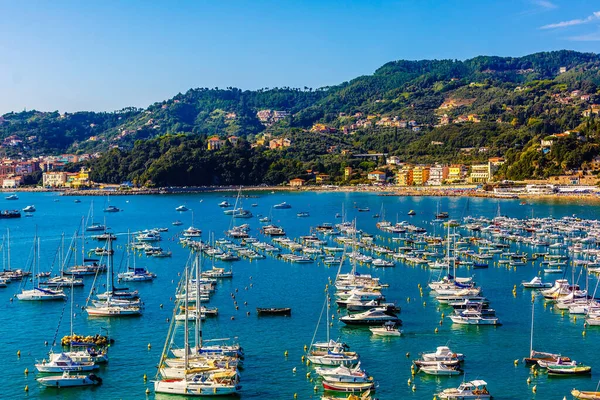 Aerial view of small yachts and fishing boats in Lerici town, located in the province of La Spezia in Liguria, part of the Italian Riviera, Italy.