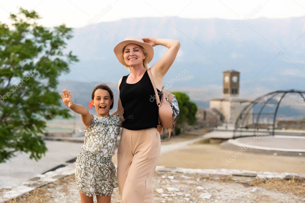 GJIROKASTER, ALBANIA. tourists in Gjirokaster castle