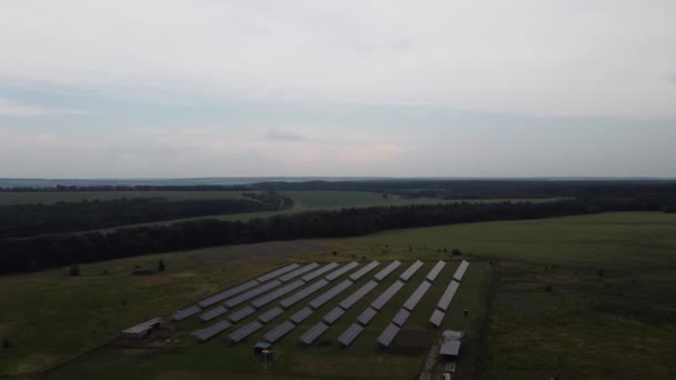 Ecología paneles de centrales solares en los campos energía verde, innovación eléctrica naturaleza medio ambiente. — Vídeos de Stock