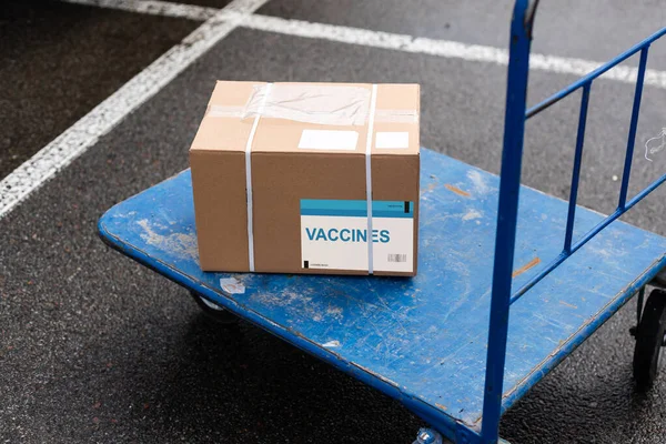 Sello de covid-19 vacunado impreso en caja de cartón. Epidemia de virus, vacuna contra COVID-19, medicina, salud y concepto de resistencia a enfermedades. —  Fotos de Stock