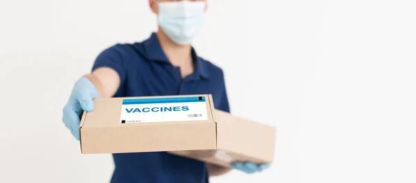 Gros plan des boîtes en papier contenant le vaccin contre le coronavirus, espace pour les copies, pandémie mondiale, covide-19, quarantaine, — Photo