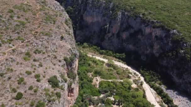 Aerial view of canyon at Gjipe beach, Himara, Albania, Albanian Riviera — Stock Video