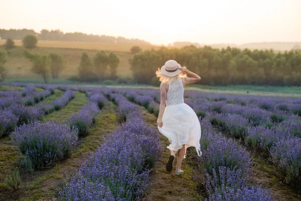 美しい若い女性が白いドレスを着て花のラベンダー畑の真ん中を歩く — ストック写真