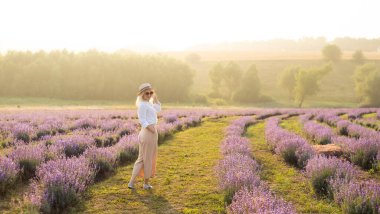 Lavanta tarlasında duran genç bir kadın ve arka planda gün doğumu.