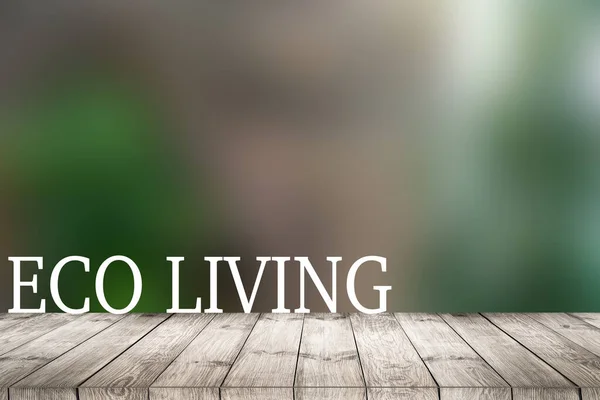 Bianco eco living alfabeto e tavolo in legno con sfondo naturale — Foto Stock