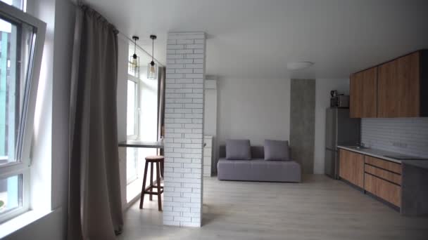 Panorama der modernen kleinen minimalistischen klassischen Luxus weißen und grauen Küche Interieur. — Stockvideo