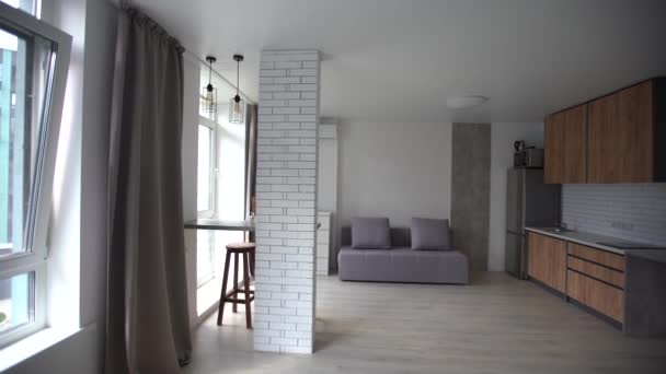 Panorama of modern small minimalistic classic luxury white and grey kitchen interior. — Stock Video