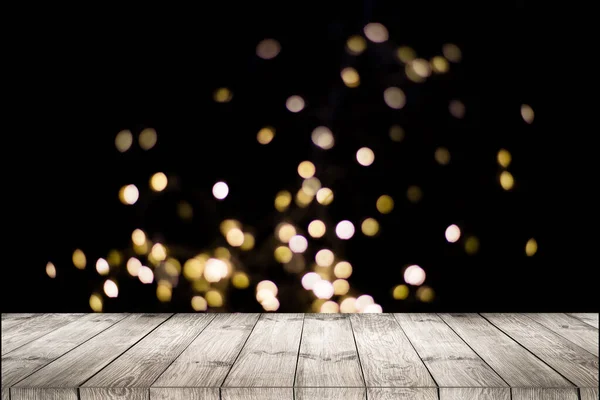 Fundo Bokeh com mesa de plataforma de madeira vazia para exibição de montagem do produto — Fotografia de Stock