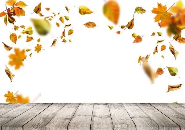Empty wooden table over autumn leaves bokeh background. Ready for product montage — Stock Photo, Image