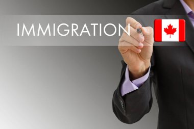 Concept of immigration to Canada with virtual button pressing clipart