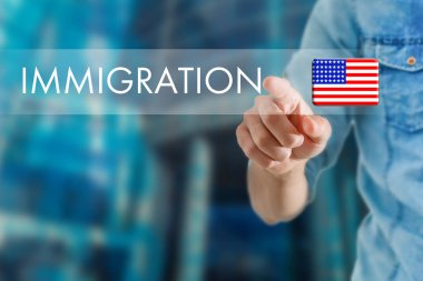 Concept of immigration to USA with virtual button pressing clipart