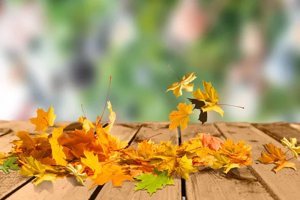 Feuilles d'automne colorées sur planches de bois — Photo