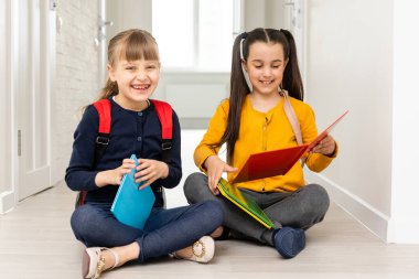 Şirin küçük kızlar ödev yapıyor. Başarılı okul kızları.