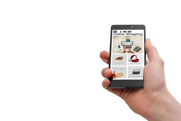 Жінка тримає смартфон для онлайн-покупки на білому тлі — стокове фото