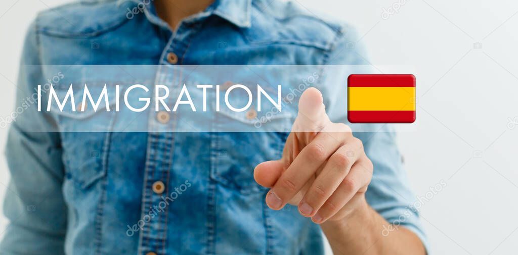 Concept of immigration to spain with virtual button pressing