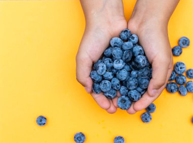 Bir avuç dolusu yaban mersini ve açık sarı arka planda mesajlaşmak için yeri olan çocuklar.