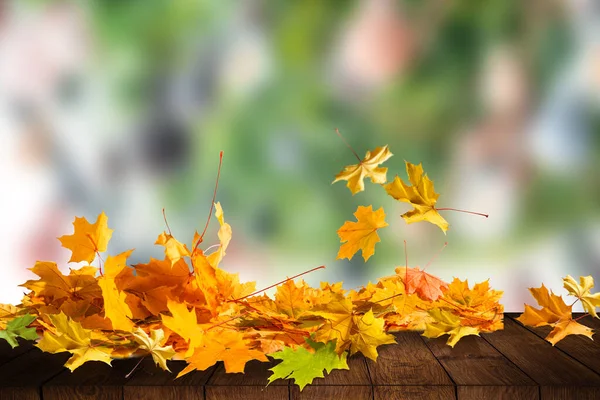 Feuilles d'automne colorées sur planches de bois — Photo