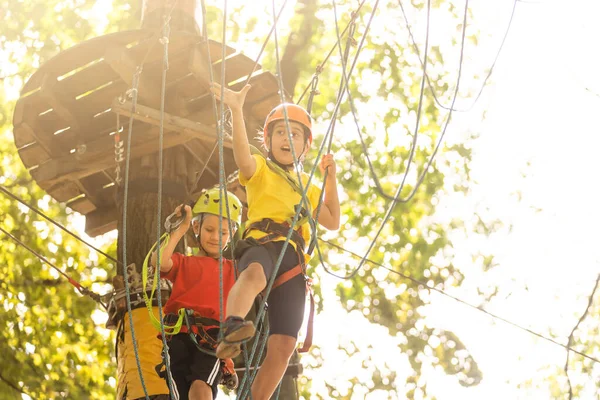 Glückliches Kind beim Klettern in den Bäumen. Seilpark. Bergsteigerkind. frühkindliche Entwicklung. Seilpark. Balancierbalken und Seilbrücken. Seilpark - Kletterzentrum — Stockfoto